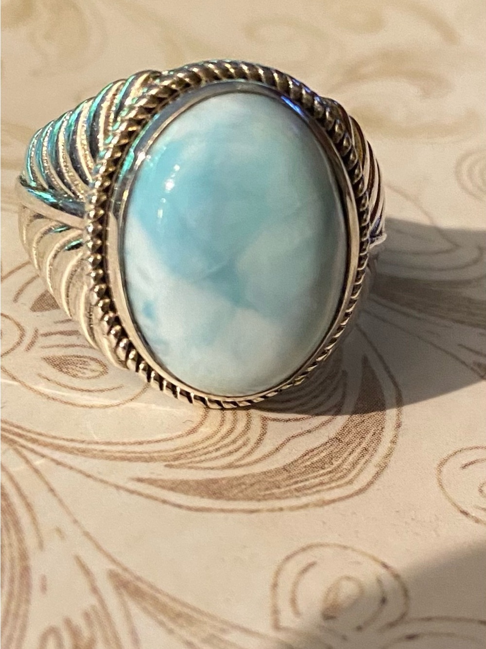 Handcrafted Larimar Oval Ring with Sterling Silver Detail. Size 8